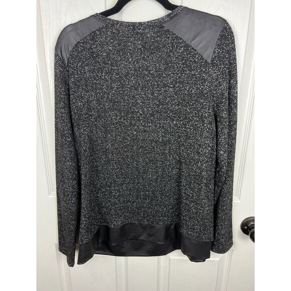 Chico's Size 2 US Large Black Silver Metallic Sweater Faux Leather Shoulders - Picture 9 of 9